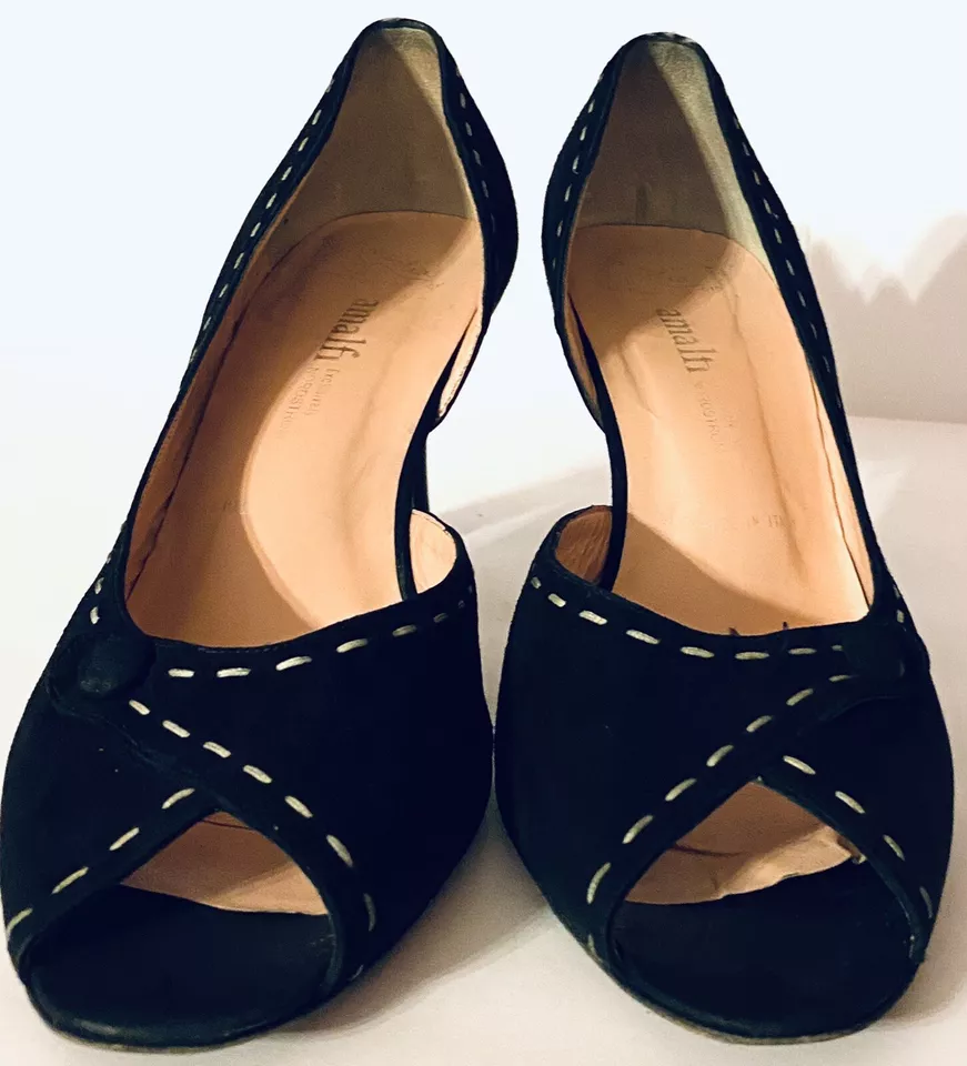 AMALFI NORDSTROM GAMUZA NEGRA RECORTADA PEEP TOE TALLA 9.5B TACÓN DE GATITO ¡GUC! Foto 3 de 4