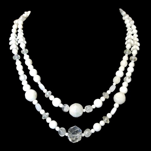 Vintage Milk Glass and Faceted Crystal Double Strand Necklace