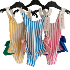 Girls Frills and Bows Striped Swimming Costume Swimsuit Swim Suit