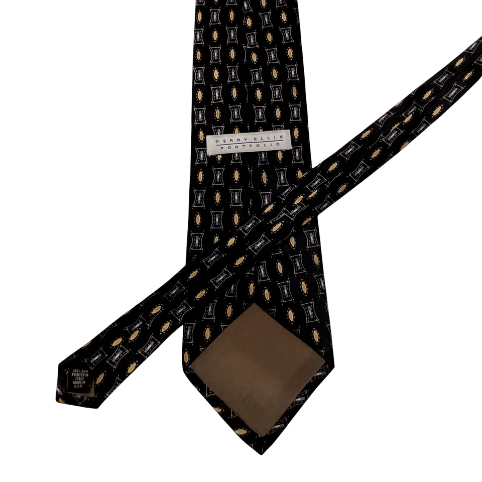 PERRY ELLIS PORTFOLIO Men's 100% Silk Necktie Designer Geometric Black/Gold EUC - Image 3 of 3