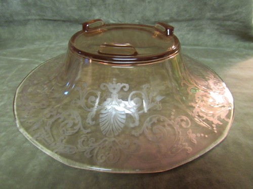 Circa 1930's Fostoria Glass Pink Versailles Etch 3-Toed Console Bowl 12" Across - Picture 4 of 5