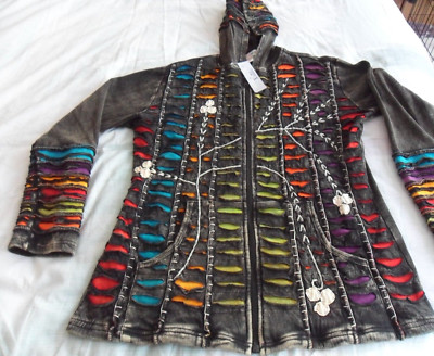 NEW, BLACK/MULTI 'FUNKY THREADS' JACKET, SIZE XXL, BOHO/HIPPIE  'RIPPED' EFFECT!