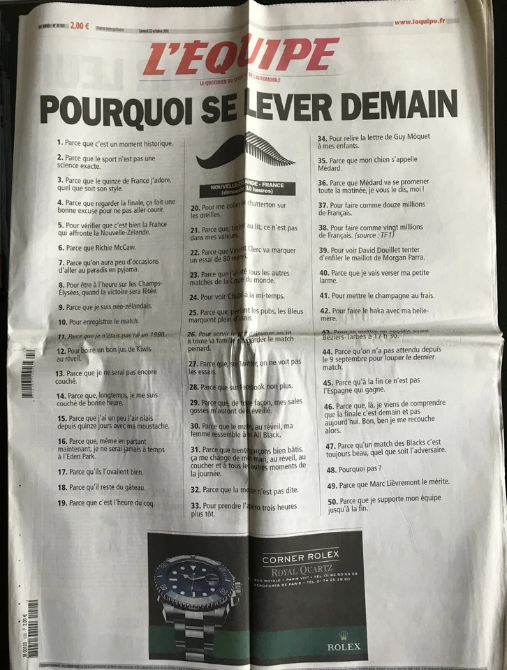 L'Equipe Journal 22/10/2011; XV de France face à la Nouvelle-Zélande - Photo 1/1