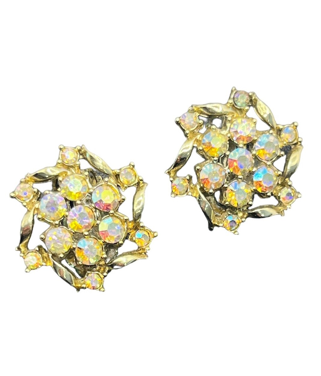 Vintage gold tone AB Aurora Borealis rhinestone clip on earrings