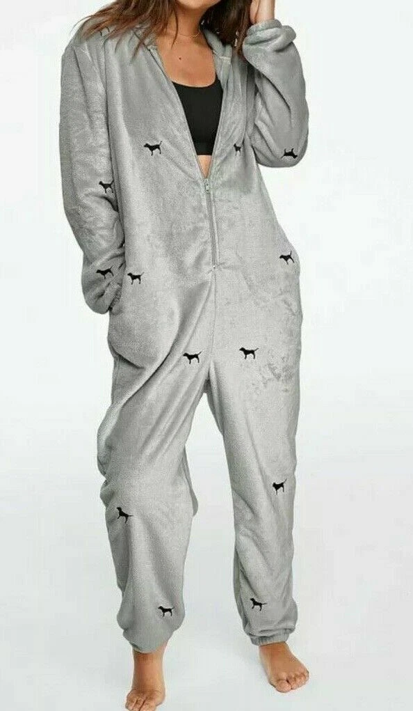 Victoria Secret Pink Teddy Soft Pajama Onesie M L Dogs Gray one