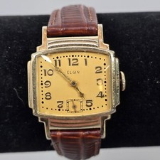VTG 40s Elgin Art Deco 10k Gold Fill Manual Wind Wristwatch Brown Leather Strap