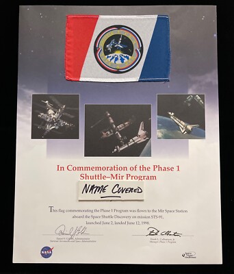 STS-91 SPACE SHUTTLE DISCOVERY MIR FLOWN IN SPACE PRESENTATION FLAG NASA MFA SFA