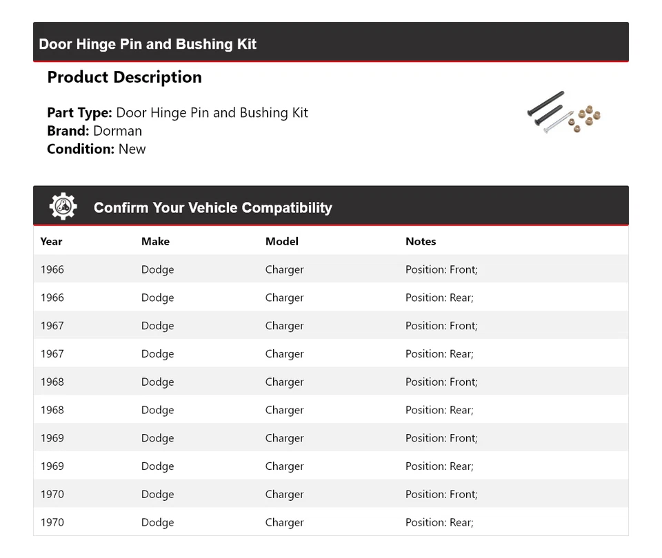 Kit de pasador y buje de bisagra de puerta para Dodge Charger Dorman 1966-1970 1967 1968 1969 Foto 2 de 4