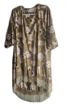 Boho Paisley Open Front Kimono Cardigan Olive Floral Flowy L Chic Versatile