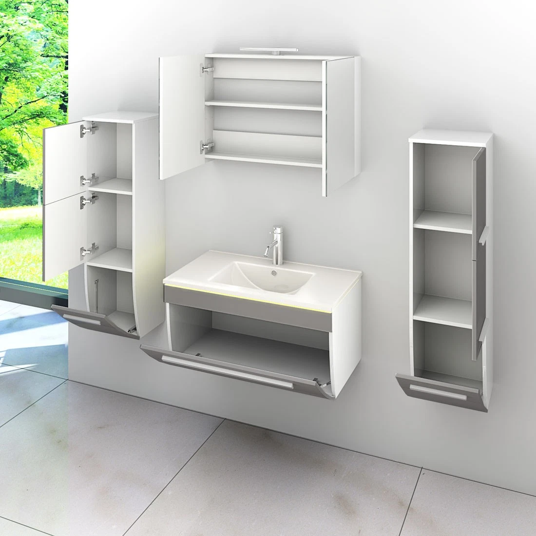 Badmöbel Set Gently 3 V3 Weiß/Grau Badezimmermöbel Badspiegel Waschtisch 80 cm