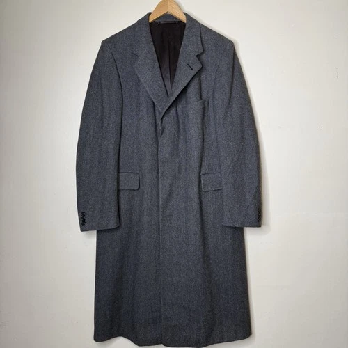 Vintage Hickey Freeman Wool Herringbone Overcoat Trench Gray Tweed Mens Large - product listing photo