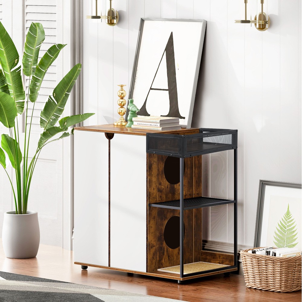 2-Cat Rustic Brown Litter Box Enclosure