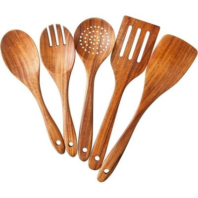 5 Pc Wooden Cooking Utensils Set Ergonomic Strainer Spoon Salad Fork Spatula