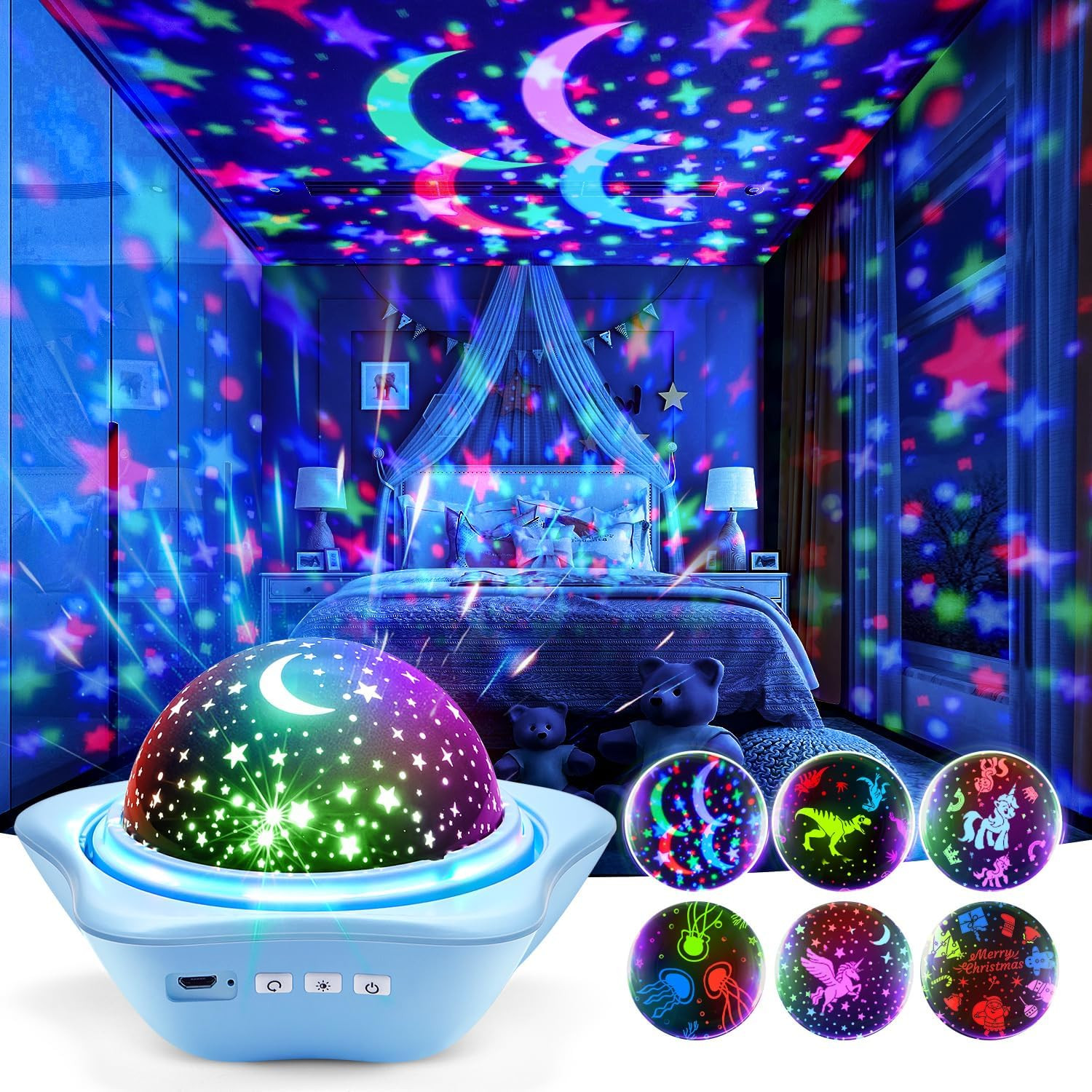 Proiettore Stelle Soffitto Bambini, 45 Modalità Luce Notturna, 3 Film 360° Rotaz
