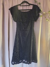 Women’s Black Floral Lace Fit & Flare Knee Dress Scoop Neck Cap Sleeve