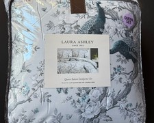 NEW Laura Ashley Sateen QUEEN COMFORTER  PAIR SHAMS BELVEDERE Grey PEACOCK