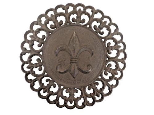 Cast Iron Fleur-de-Lis Trivet Wall Hanging Round Ornate Scrollwork Decor 11.75"