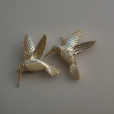 Christmas Ornaments Pair Of Gold Glittering Hummingbirds. 5 Long.