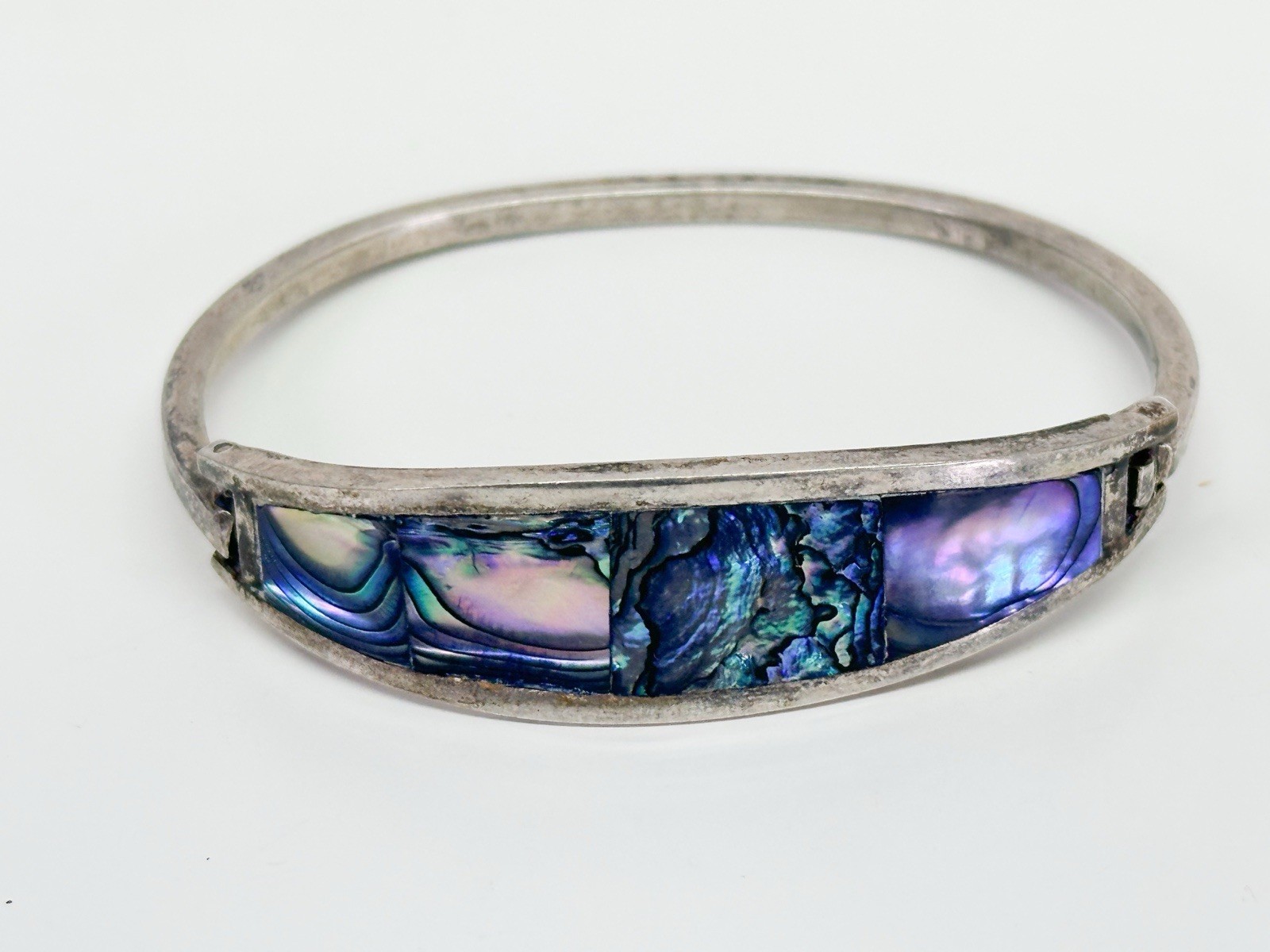 MCM Abalone Hinged Cuff Bangle Bracelet Alpaca Ey… - image 10