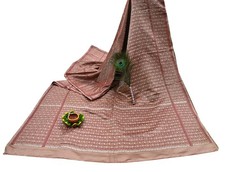 Vintage Brown Banarasi Silk Saree Pure Satin Silk Handwoven Tanchoi Fabric 5yd