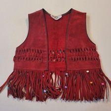 Vintage Red Leather Suede Western Kids Vest Size S Fringe And Beads