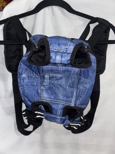 Blue Denim Dog Backpack Adjustable Straps Buckle Closure. Attached Leash Clip. 