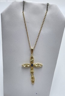 14K Yellow Gold Blue Stone Cross Pendant Necklace 19.5" 2.19g