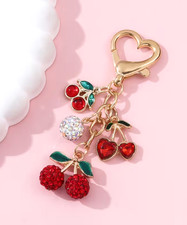 Super Sparkly Red Cherry Rhinestone Keychain with Heart Keys, Bag, Purse Charm