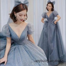 Womens Princess Blue V Neck Hubble Bubble Sleeve Sequins Tulle Dresses Prom Gown