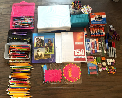 10Lbs School Supply Lot 37 New Glue Sticks, Sharpies, Expo, Crayola, Binders ETC