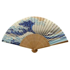 SILK HAND FAN Japanese Wave 8" Blue Tsunami Folding Pocket Purse Asian Hokusai