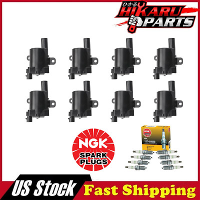 8x NGK Spark Plug & 8x Round Ignition Coil For Chevy GMC Cadillac Hummer Buick