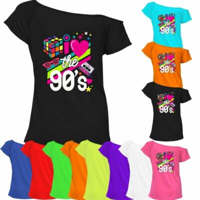 Ladies Off Shoulder I Love The 90s Music T Shirt Womens Ladies Off Shoulder I Love The 90s Music T Shirt Womens