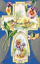 Antique Easter Card Cross Blue Silver Religious Pansy Church Vtg Postcard F8