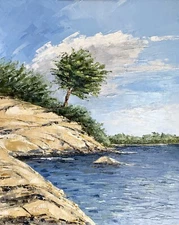 Original Handmade Oil Seascape Painting ROCK TREE with Author’s Signature