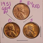 1951 P D S LINCOLN WHEAT CENT PENNY 1C GEM RED BU SET (3 COINS) 51781