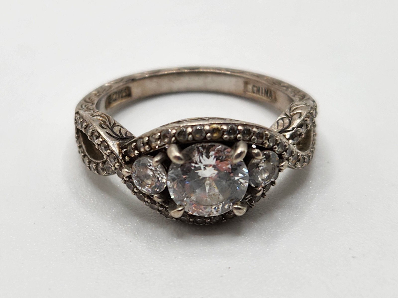 Engagement Ring Size 9 Sterling Silver Split Shank Round Clear CZ Stones Accents-image