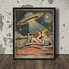 Vintage UFO Gay Lovers Wall Art, Sci-fi LGBTQ Pride Decor, UAP Lesbian Poster