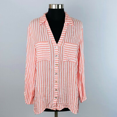 Ruby Rd Shirt Womens Cute Pretty Orange White Opposing Stripes Pocketed M