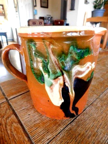 Antique Primitive Jaspe Pottery Pitcher-FRENCH FOLK ART-Slipware Design-19thc
