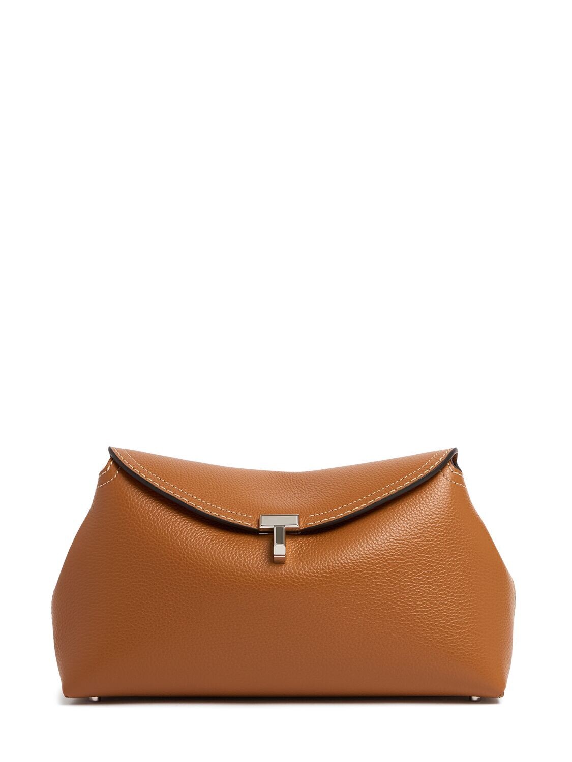 TOTEME T-Lock Tan Grain Brown/Silver Leather Clutch New