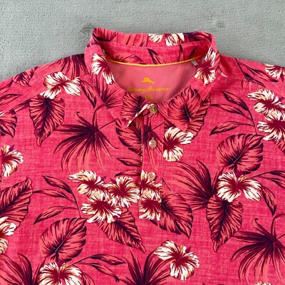 Tommy Bahama Polo Shirt Men Large Red Floral Hibiscus Hawaiian Short Sleeve  NWOT