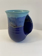 Neher Pottery Right Handed Hand Warmer Mug Turquoise and Royal Glaze Signed 2014
