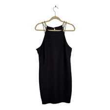 Bisou Bisou Chain Strap Bodycon Dress 14 Black Textured Party Clubwear $188 Rtl