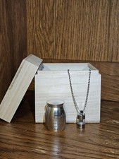 Metal Memorial Pet Urn With Necklace Pendant And Wooden Padded Box
