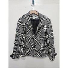 Chico's Black White Houndstooth Purple Metallic Blazer Jacket Size 1 M 8-10