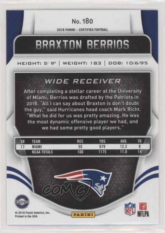 2018 Certified Rookies Mirror Red /99 Braxton Berrios #180 Rookie RC - Image 2 of 2