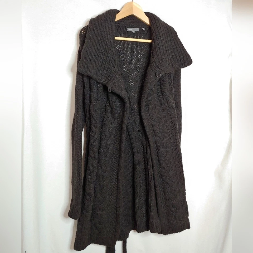 Cárdigan Vince Grueso Tejido Longline Frente Abierto Lana Yak Negro Gris XS Cinturón Foto 4 de 4