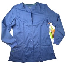 Landau Women's Blue Snap Front Scrub Jacket Top Modern Fit Size long sleeve S