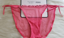 VICTORIA'S SECRET PINK WINK STRING BIKINI PANTY HIBISCUS EMBROIDERY LARGE PINK